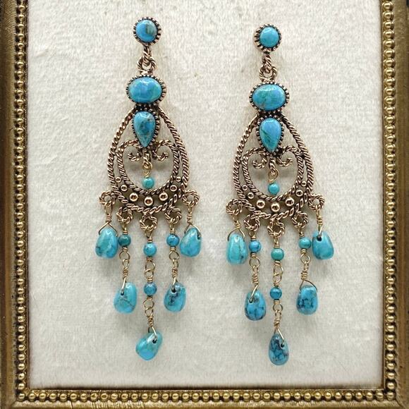 Barse Vintage Gold Filled And Turquoise Chandelier Dangling Studs Earrings 3” - Picture 1 of 6